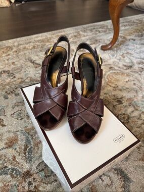 Coach Dark Brown Leather Peep-Toe Slingback Heels